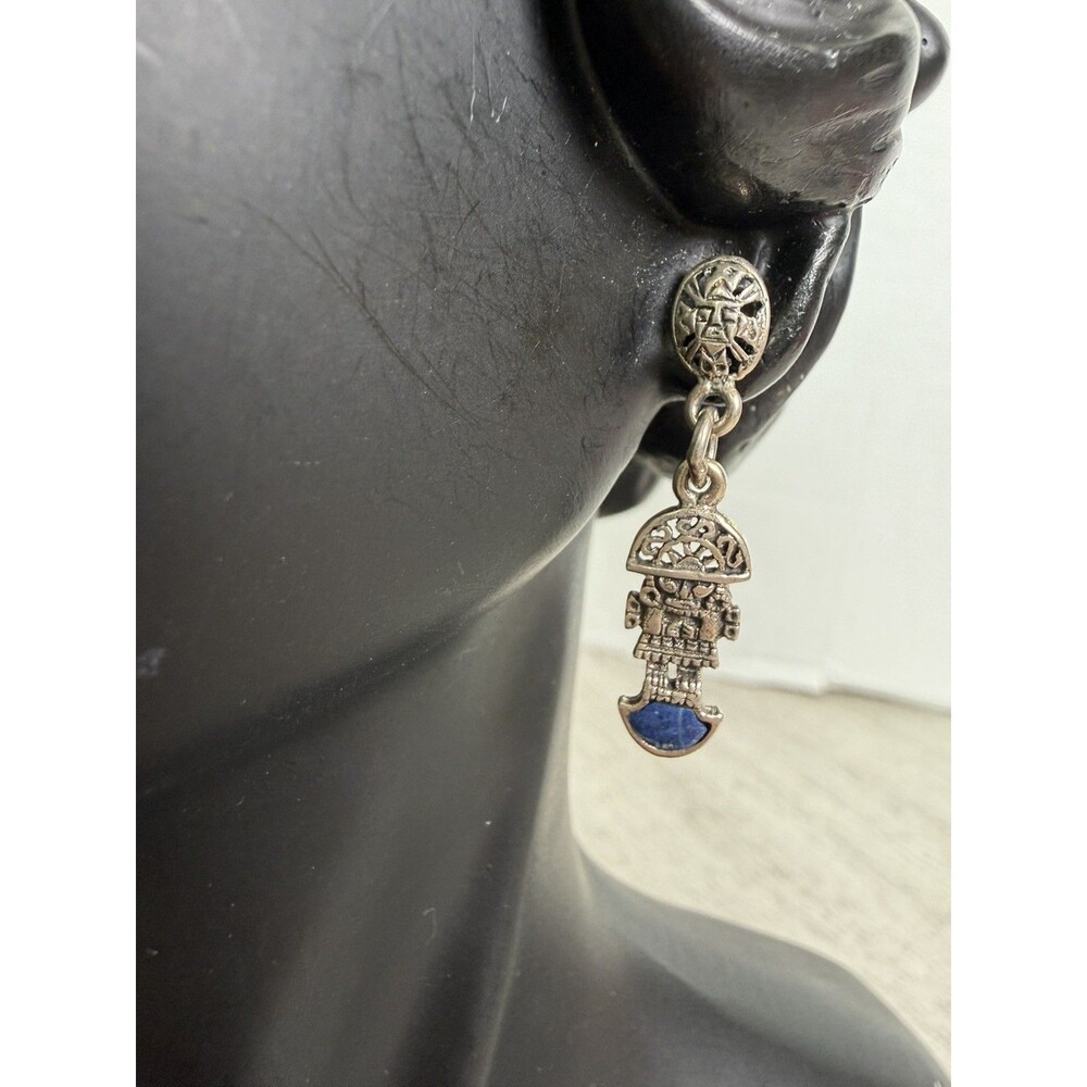 Vintage Peruvian Tumi Drop Dangle Earrings 925 Sterling S. Lapis Lazuli Inlay
